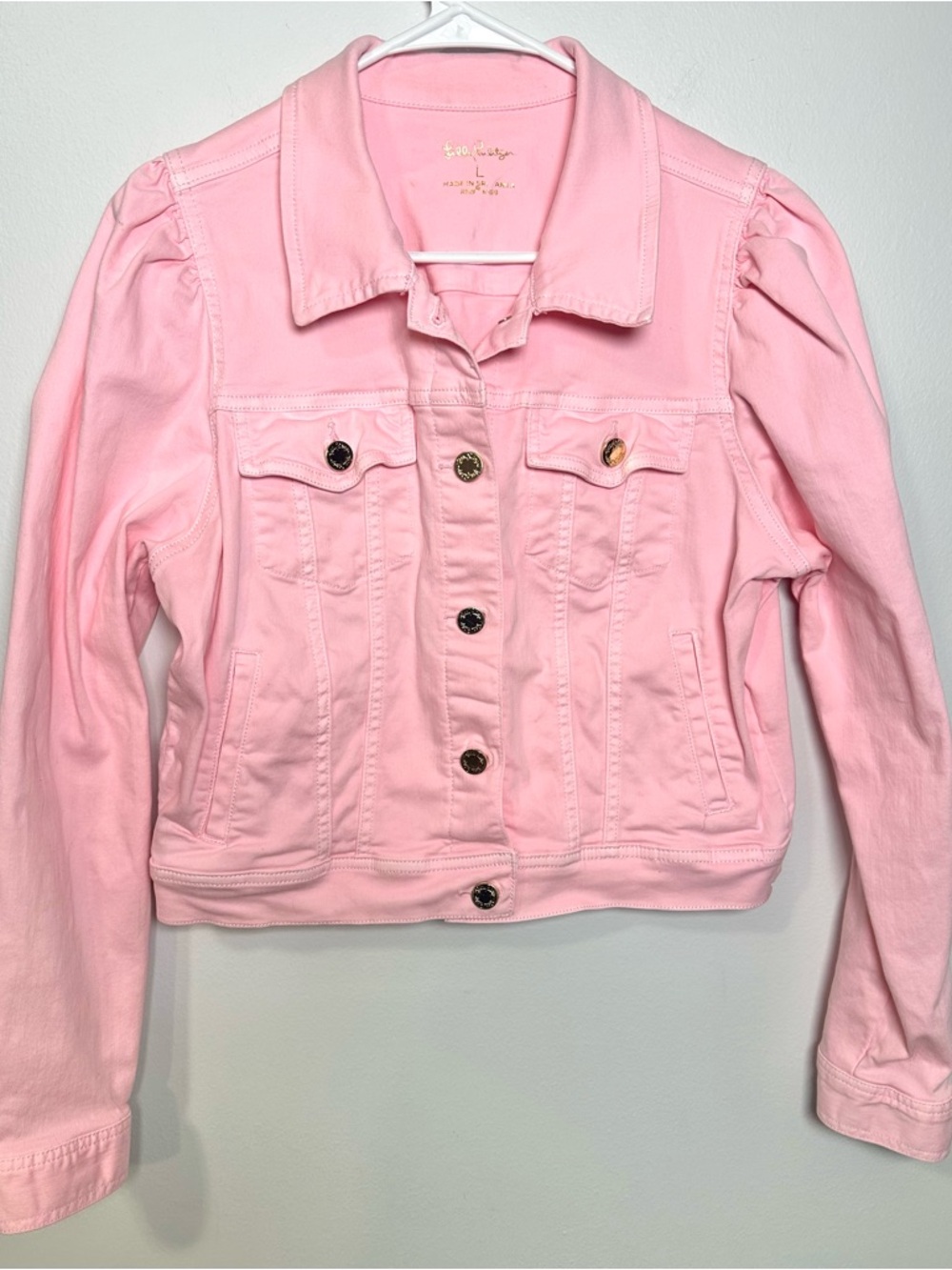 Lilly Pulitzer Pastel Pink Laylani Denim Jacket - Gold Buttons Size Large - Picture 2 of 12